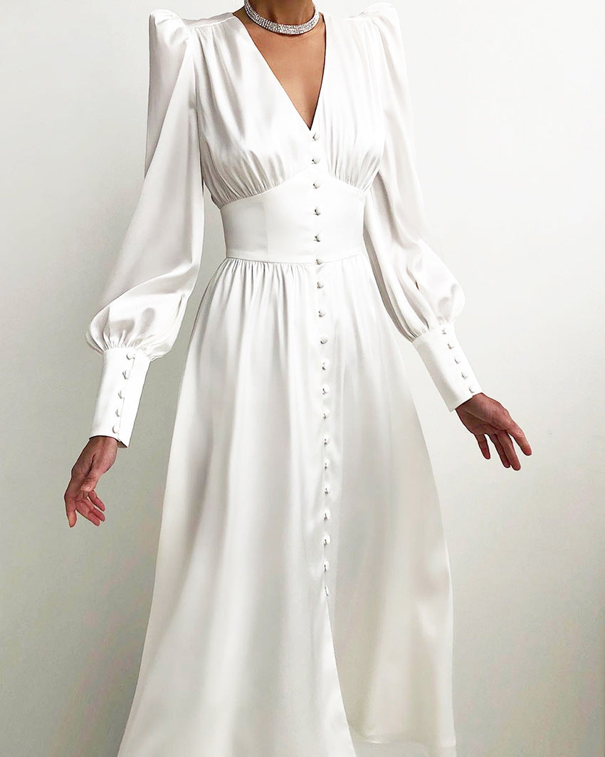 Women’s Long Sleeve Midi Dress | Puff Shoulder Button-Front Design | Elegant Evening Fit