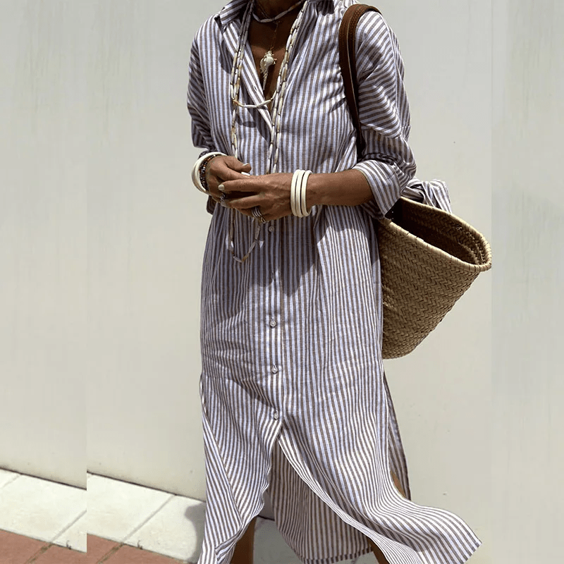 Relaxed Striped Shirt Dress | Button-Down with Side Slits and Roll Sleeves