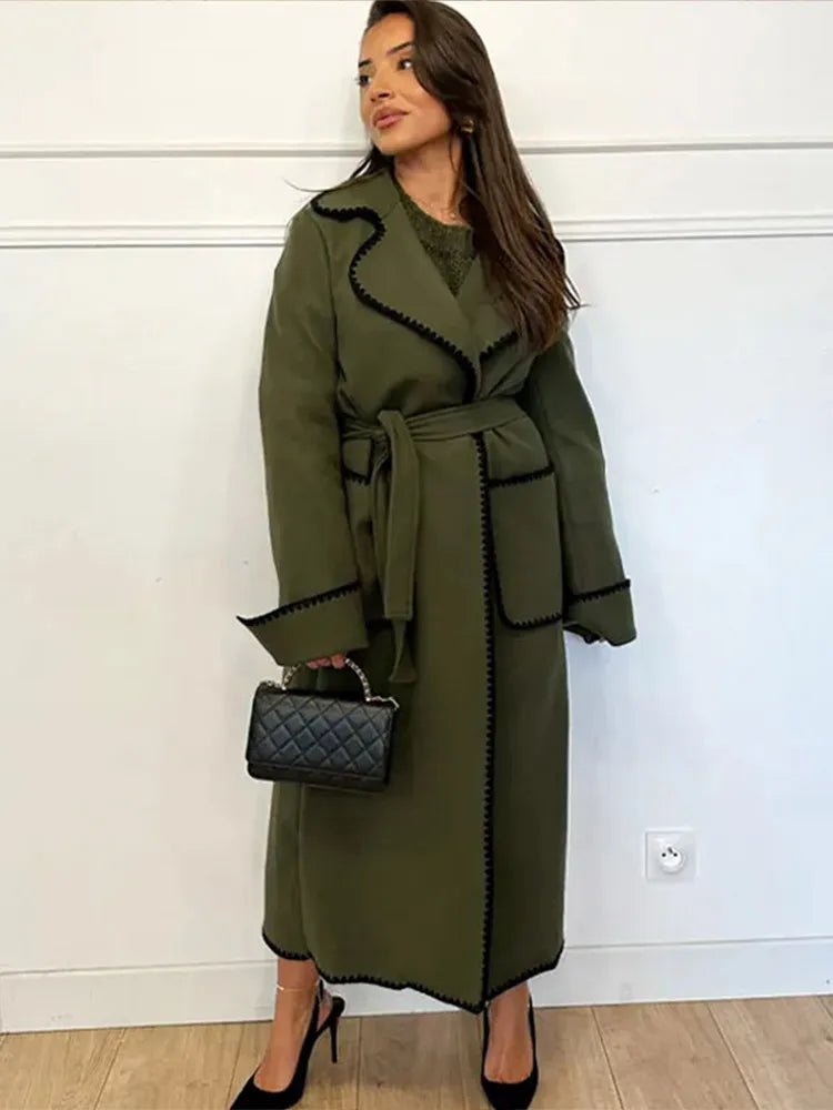 Elegant Longline Coat | Contrasting Trim | Belted Waist | Casual to Formal