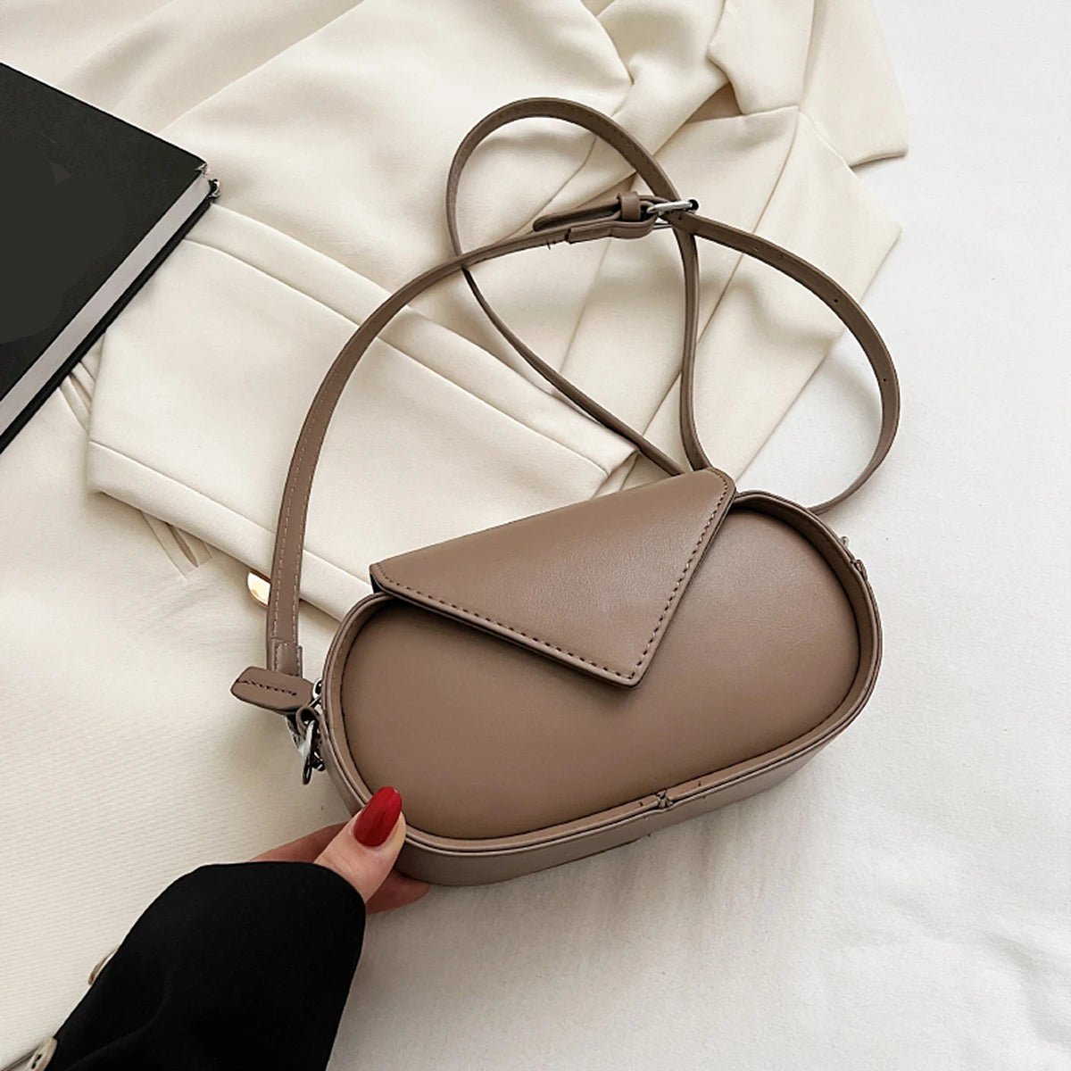 Oval Crossbody Bag | PU Leather | Modern Asymmetrical Flap