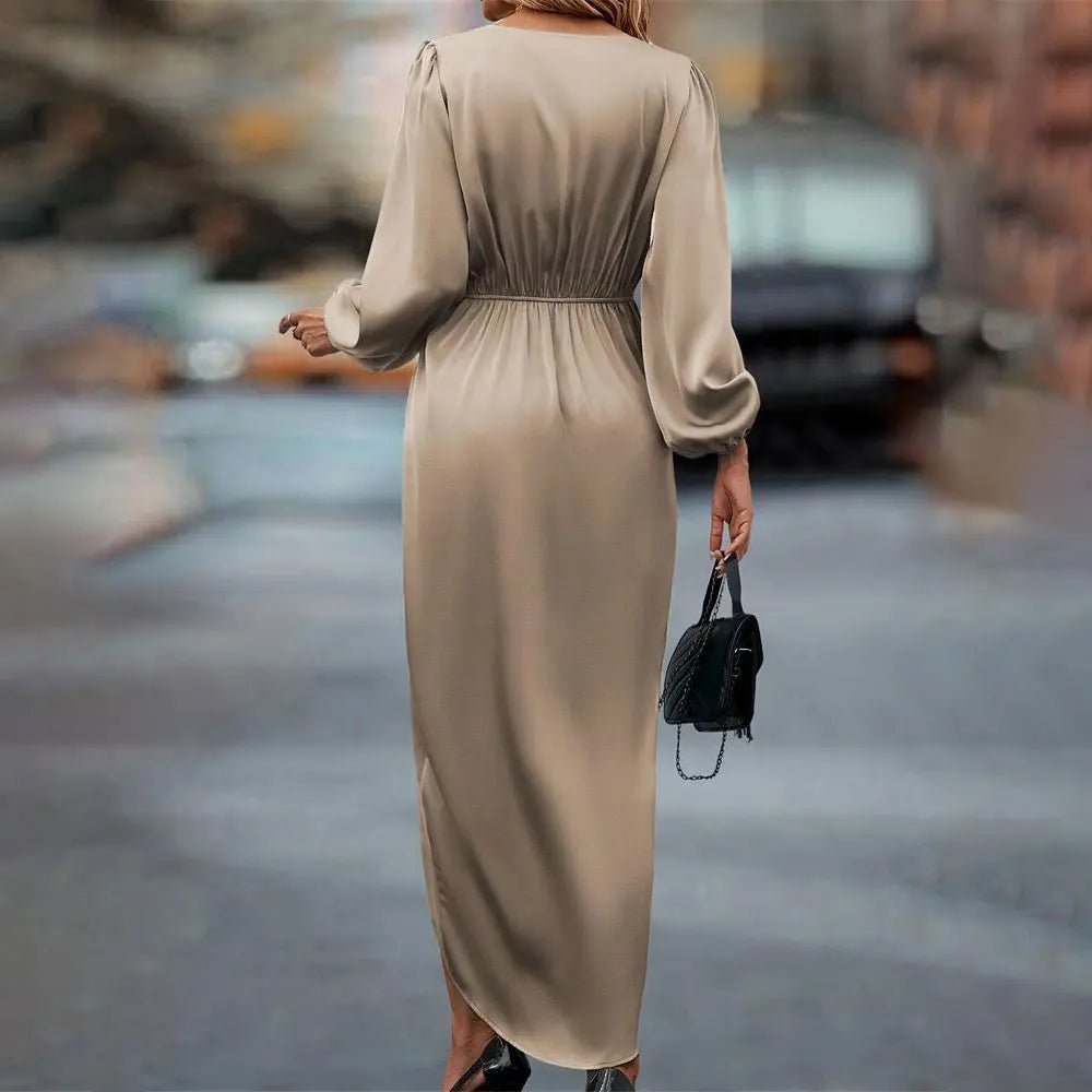 Satin Wrap Midi Dress | Balloon Sleeves | Elegant & Flowy | Evening Glam