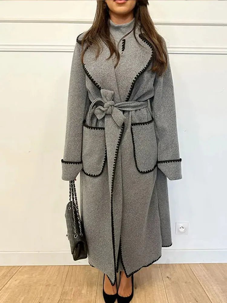Elegant Longline Coat | Contrasting Trim | Belted Waist | Casual to Formal