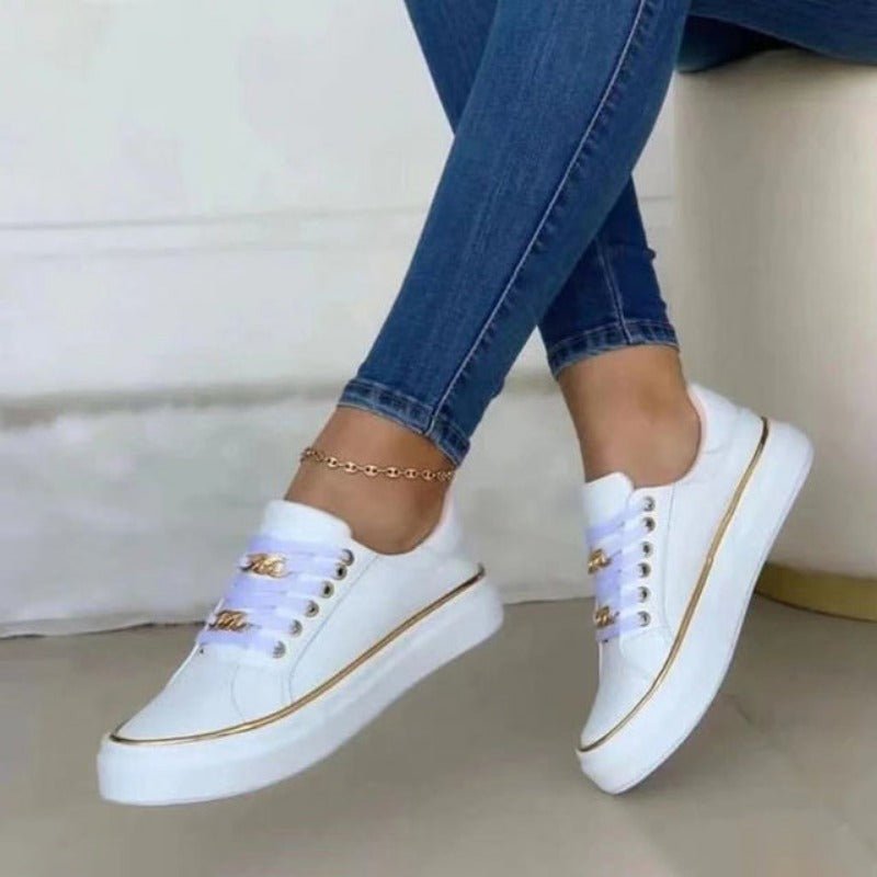 Luxe Chain Detail Sneakers | Low-Top | White with Gold Accents