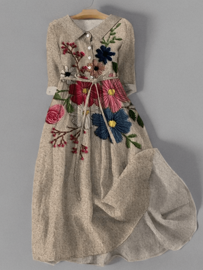 Linen Blend Midi Dress | Embroidered Floral Wrap | Long Sleeve Boho Style