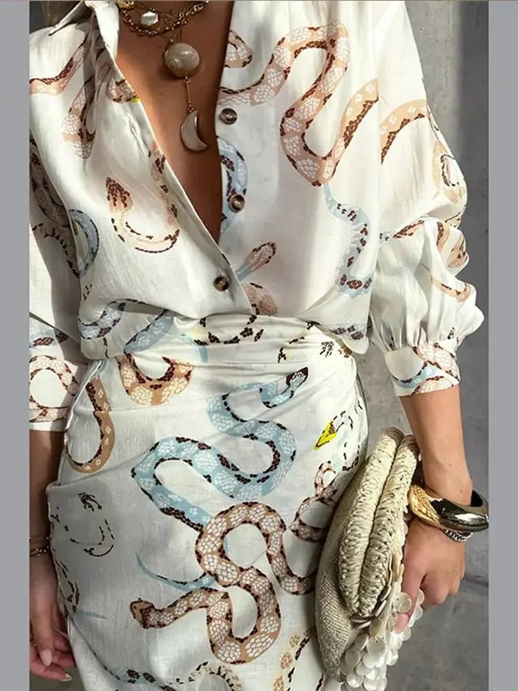 Printed Matching Set | Button-Down Shirt & High-Waisted Skirt | Lightweight Fabric | Elegant Style