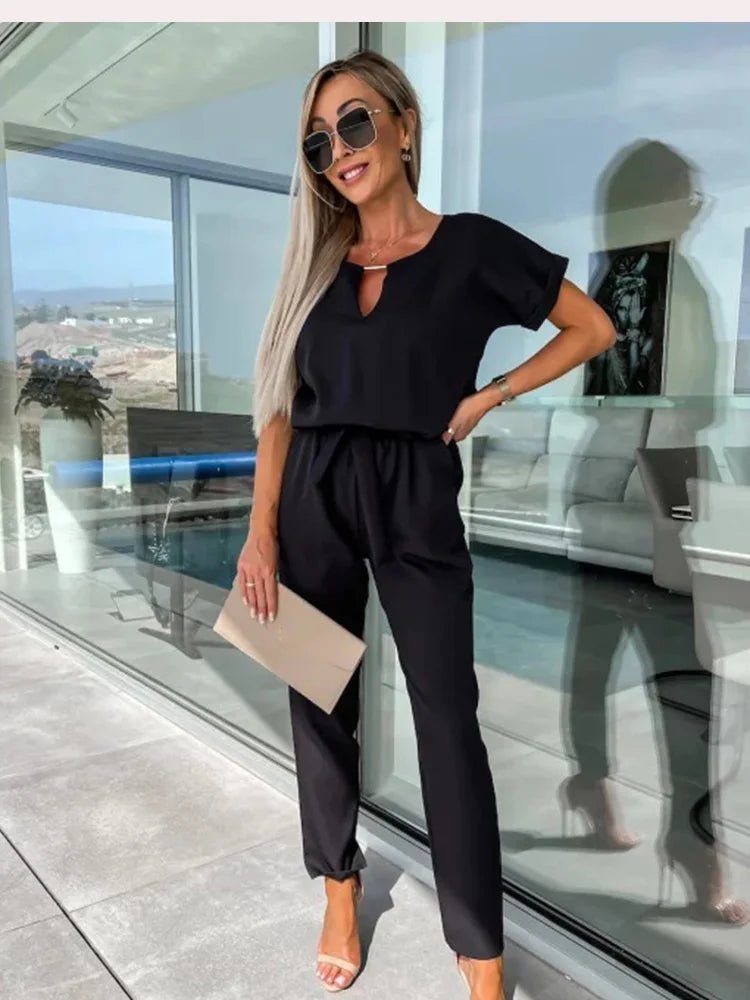 Short Sleeve Keyhole Jumpsuit | Elastic Waist | Modern Tailored Fit