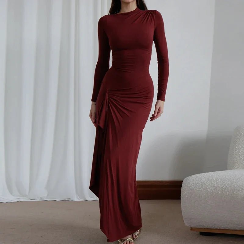 Elegant Draped Maxi Dress | Long Sleeve | High Slit