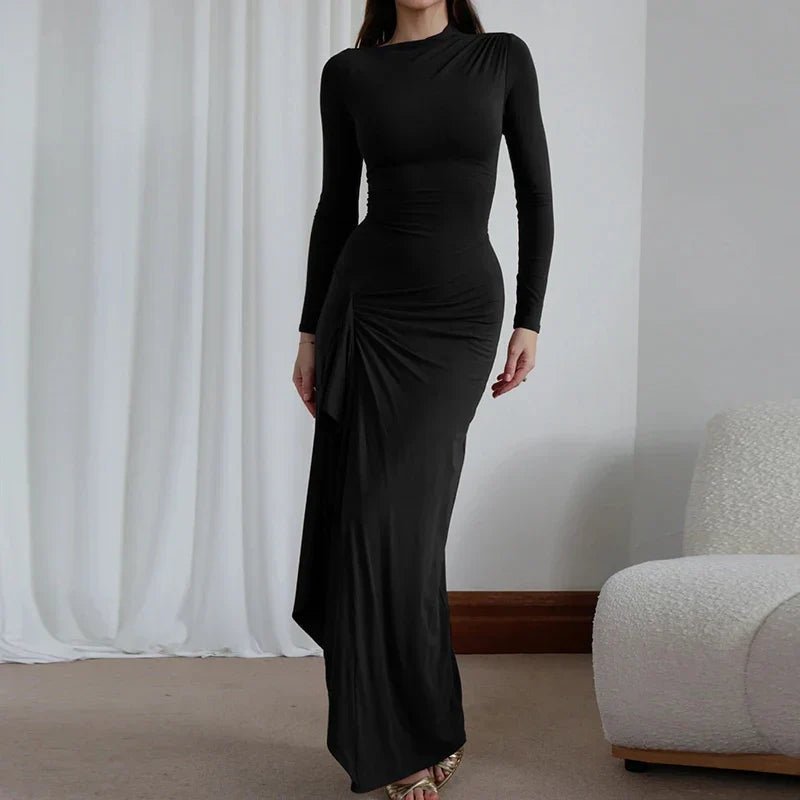 Elegant Draped Maxi Dress | Long Sleeve | High Slit