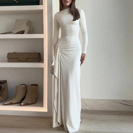 Elegant Draped Maxi Dress | Long Sleeve | High Slit