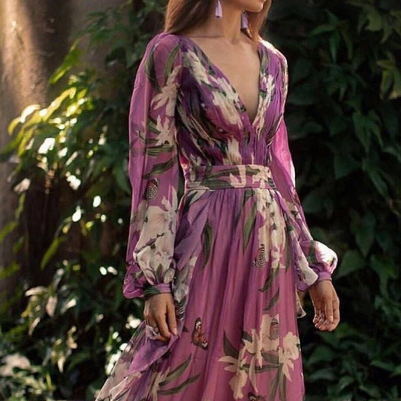 Floral Chiffon Maxi Dress | Flowing Silhouette & Deep V-Neck | Perfect for Special Occasions