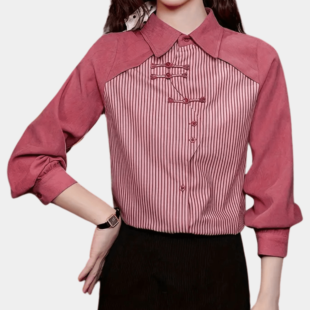 Vintage-Inspired Button-Up Blouse | Elegant Bow Detail | Striped & Solid Contrast | Office & Casual