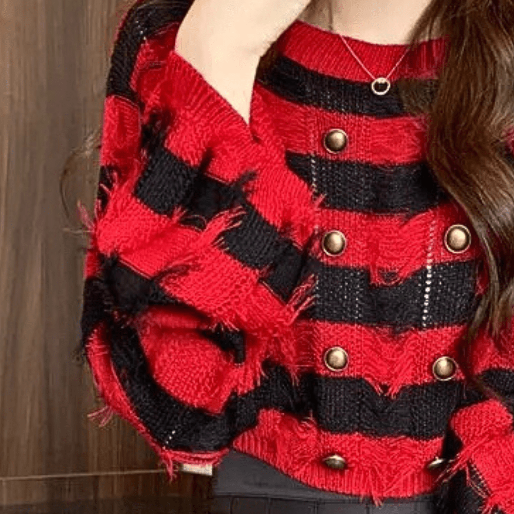 Chic Striped Knit Sweater | Textured Fringe Detail | Gold Button Accents | Fall & Winter
