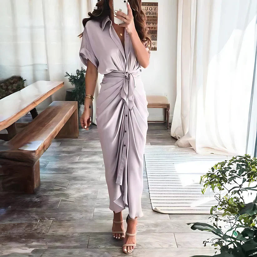 Ruched Shirt Midi Dress | Button-Front Collared Dress with Tie Waist | Elegant Summer Outfit Canada