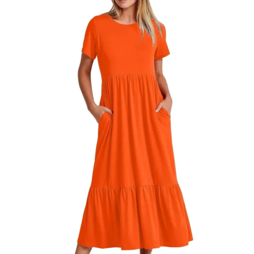 Women's Tiered Midi Dress | Short Sleeve Casual Flowy Dress | Everyday Summer Outfit