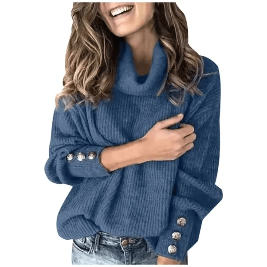 Chunky Knit Cowl Neck Sweater | Button Sleeve Detail | Soft Winter Layer