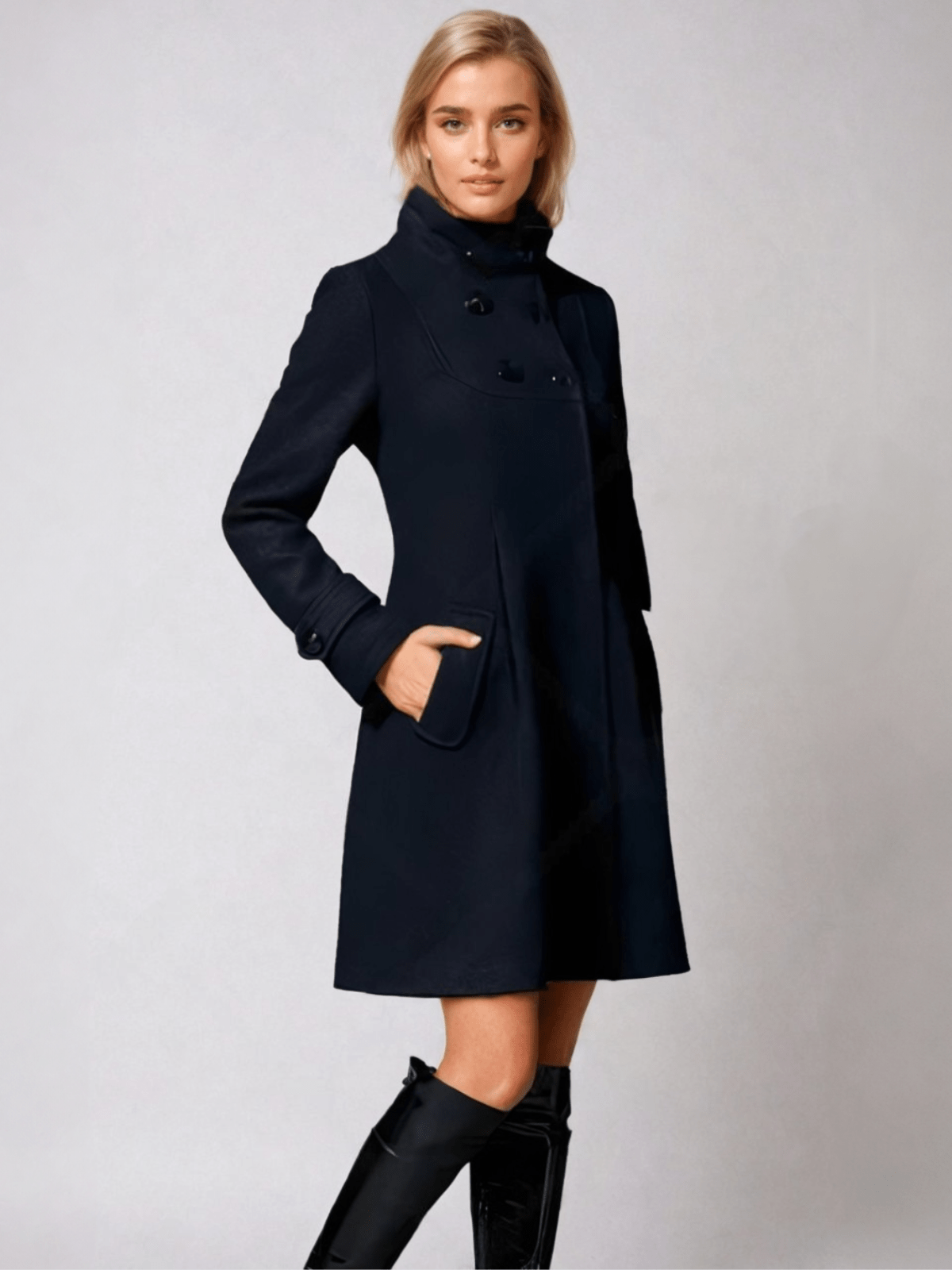 Fit-and-Flare Hooded Coat | Double-Breasted Front | Tailored Wool-Blend | Elegant Everyday Outerwear
