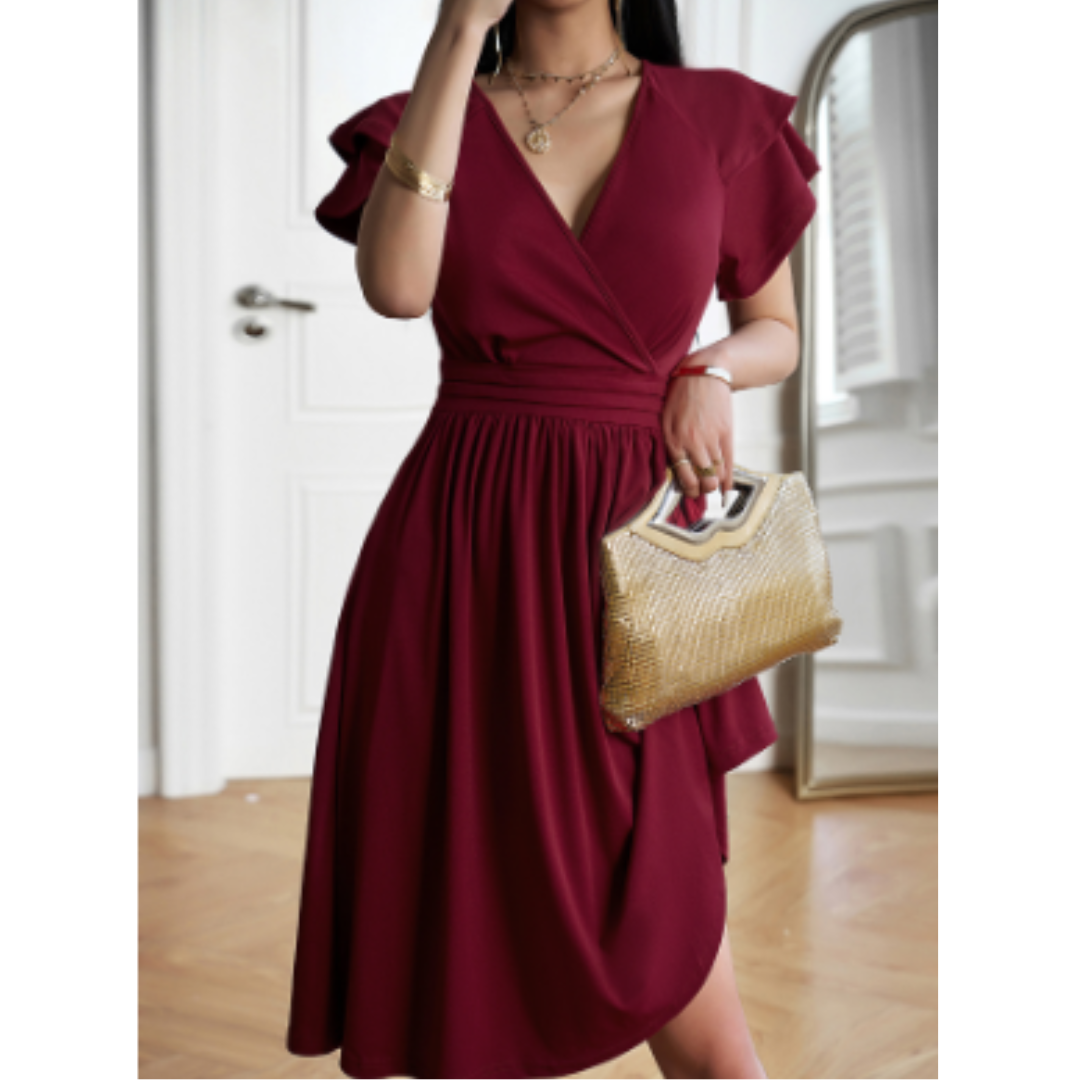 Women's Flutter Sleeve Midi Dress | Elegant V-Neck Wrap Style | Summer Wedding Guest Dress