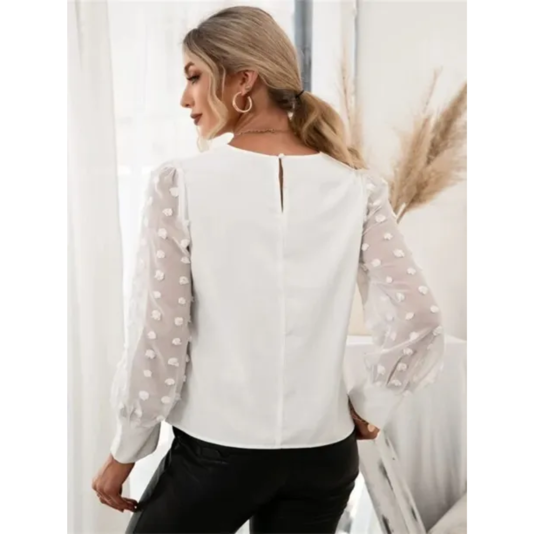 Sheer Polka Dot Sleeve Blouse | Lightweight Chiffon & Knit | Elegant Casual Top