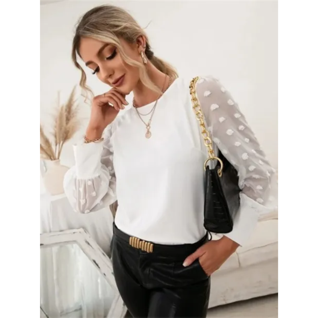 Sheer Polka Dot Sleeve Blouse | Lightweight Chiffon & Knit | Elegant Casual Top
