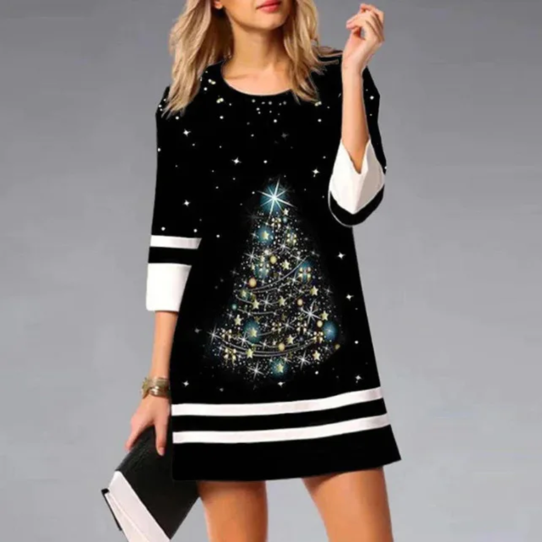 Holiday Wine Glass Graphic Dress | Glitter Print | Relaxed Mini Fit