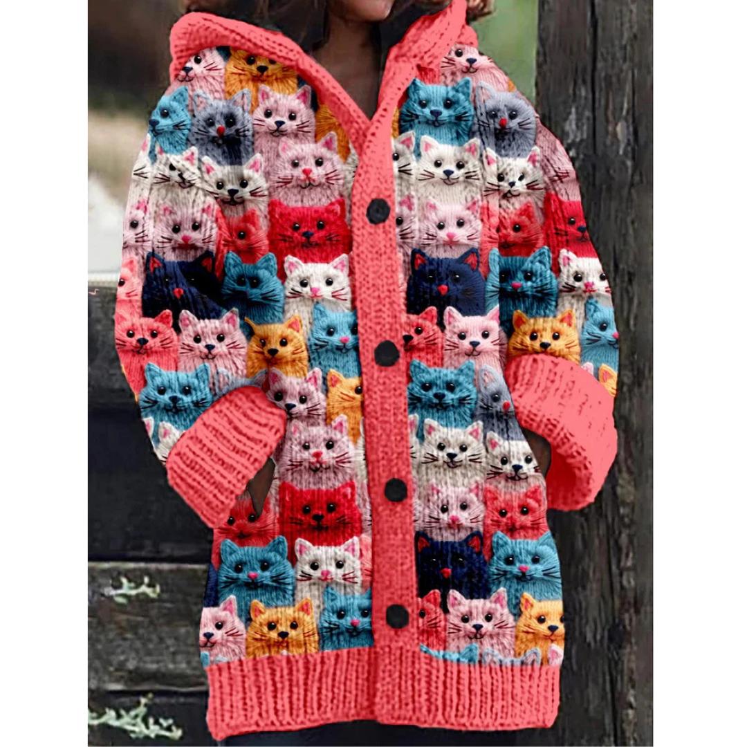 Knit Cat Print Hoodie Cardigan | Button-Front with Pockets | Whimsical Warm Layer