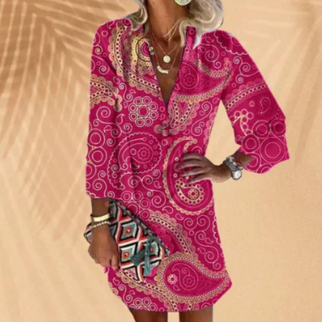 Women’s Paisley Print Mini Dress | V-Neck 3/4 Sleeve Tunic | Bold Summer Resortwear