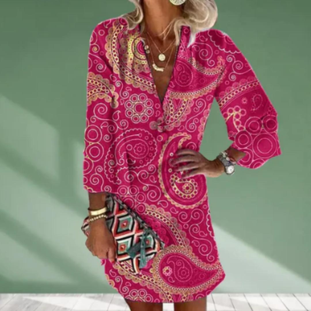 Women’s Paisley Print Mini Dress | V-Neck 3/4 Sleeve Tunic | Bold Summer Resortwear