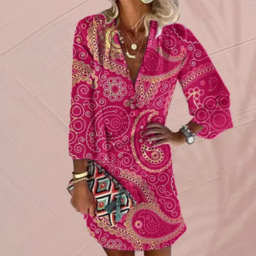 Women’s Paisley Print Mini Dress | V-Neck 3/4 Sleeve Tunic | Bold Summer Resortwear