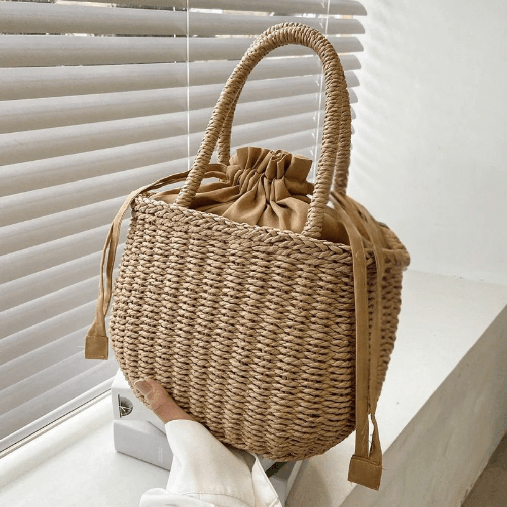 Woven Drawstring Tote | Lightweight Straw Texture with Cotton Lining