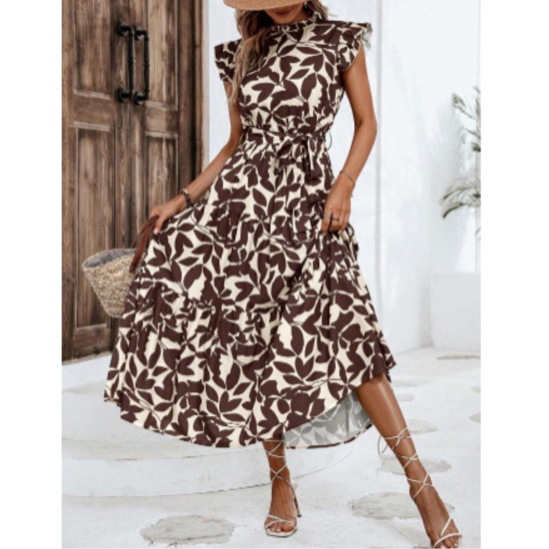 Leaf Print Tiered Maxi Dress | Ruffle Sleeve | Lightweight Summer Style