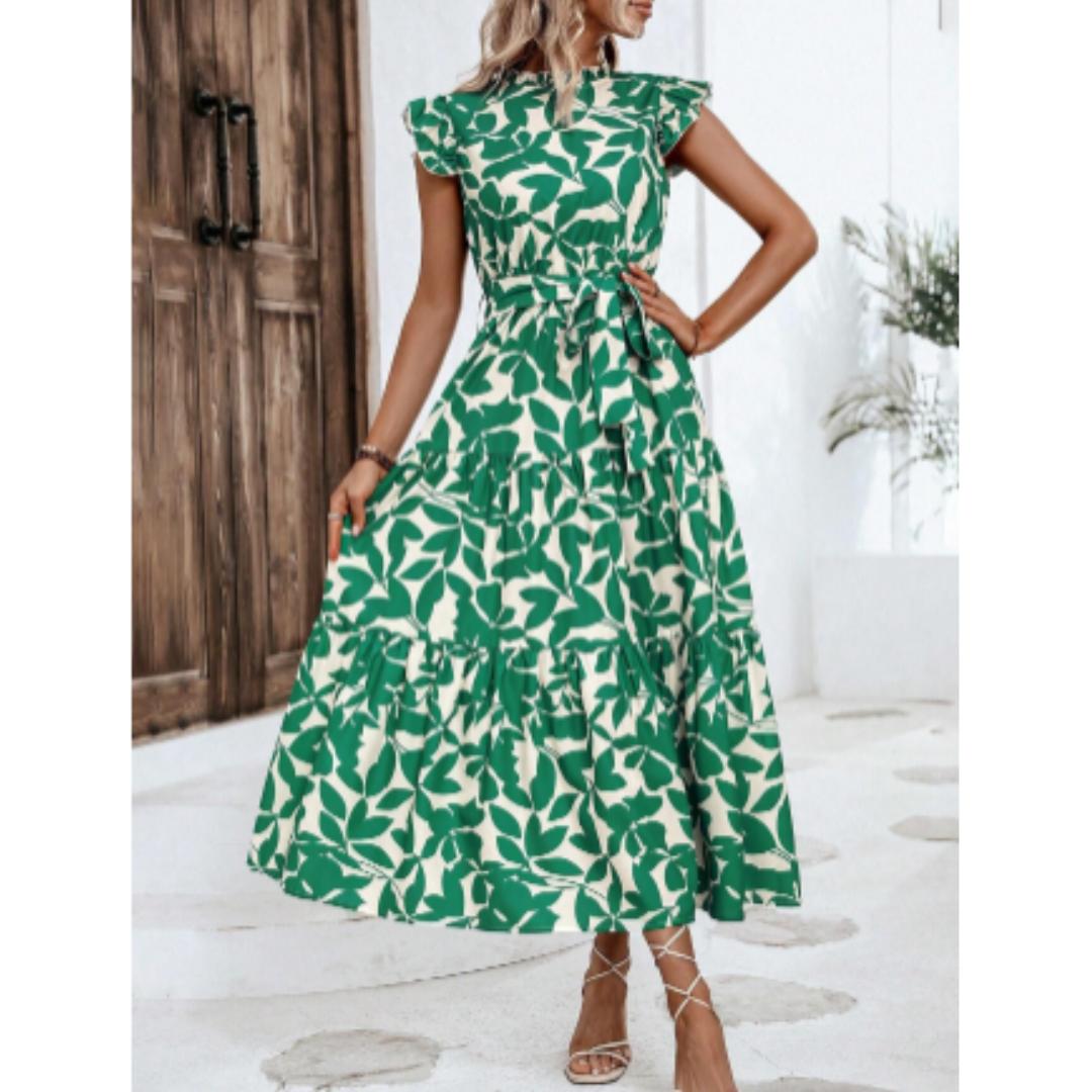Leaf Print Tiered Maxi Dress | Ruffle Sleeve | Lightweight Summer Style