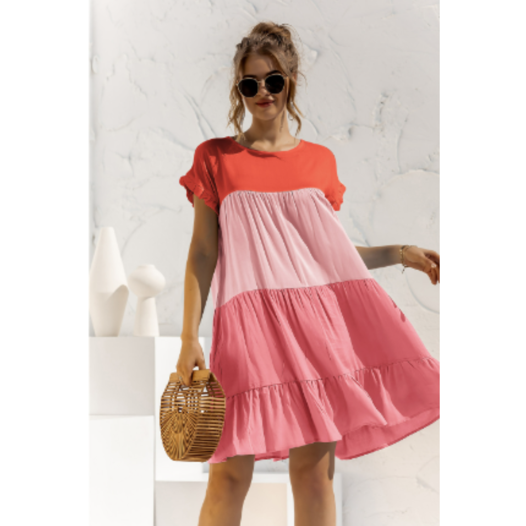 Tiered Colourblock Mini Dress | Ruffled Cap Sleeves | Lightweight Summer Style
