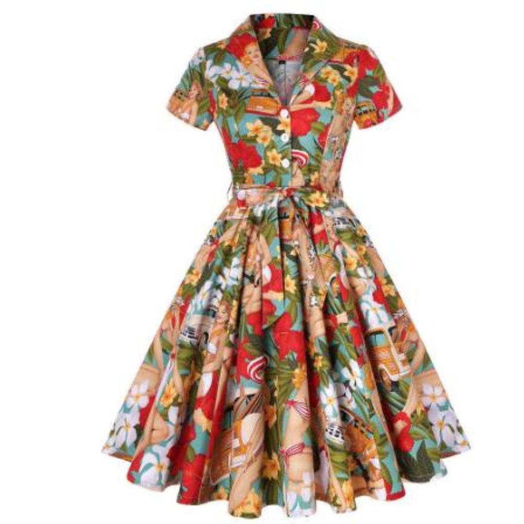Vintage Shirt Dress | Fit-and-Flare Belted Midi | Tropical Floral Print