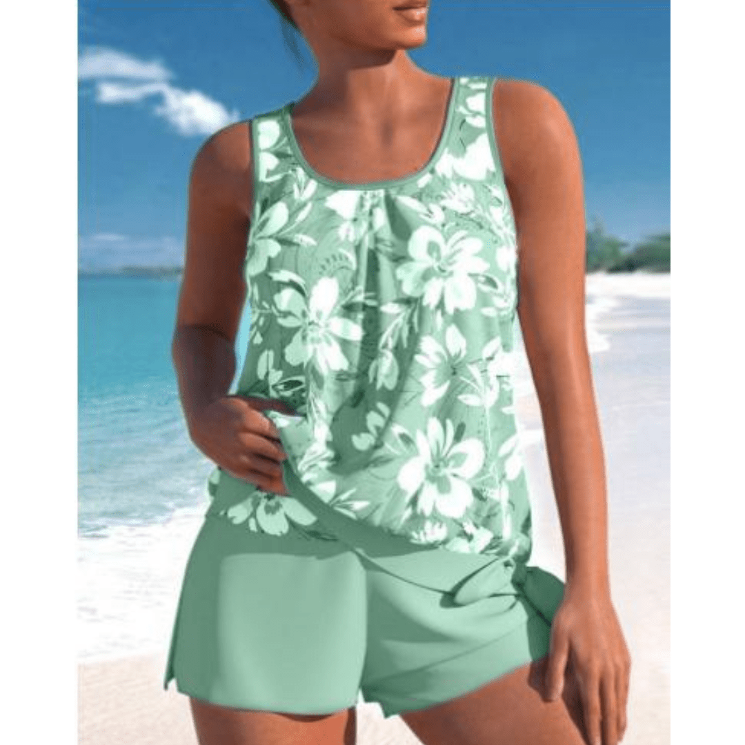 Two-Piece Floral Tankini Set | Scoop Neck | High-Waisted Shorts