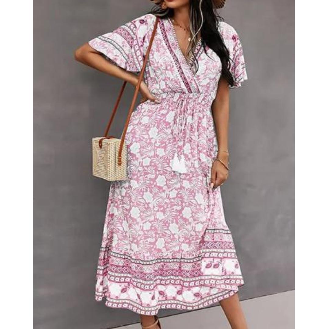 Boho Midi Dress | Floral Print with Pockets & Tassel Tie | Lightweight Summer Fit