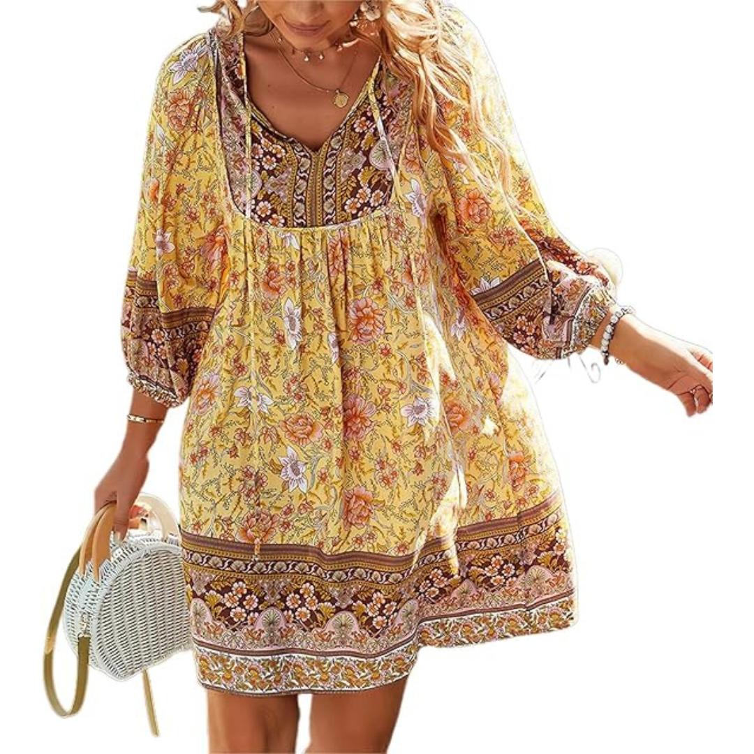 Boho Kaftan Dress | Relaxed Fit with V-Neck & Batwing Sleeves | Lightweight Travel Style