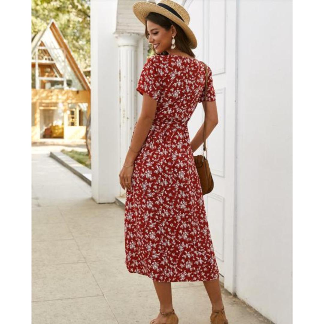 Short Sleeve Floral Midi Dress | V-Neck Button-Front | Casual Summer Style