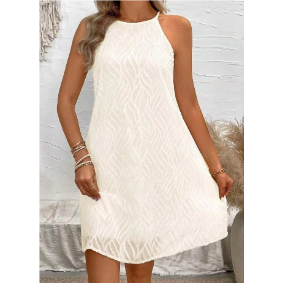 Textured Sleeveless Shift Dress | High Neck A-Line Mini | Casual Summer White Dress Canada