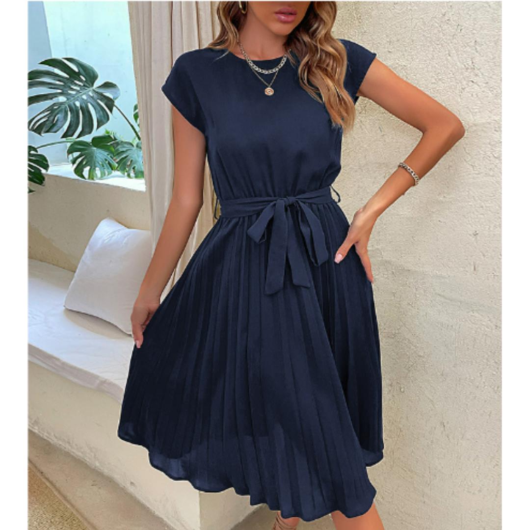 Pleated Midi Dress | Waist Tie Belt | Short Sleeve Elegant Fit