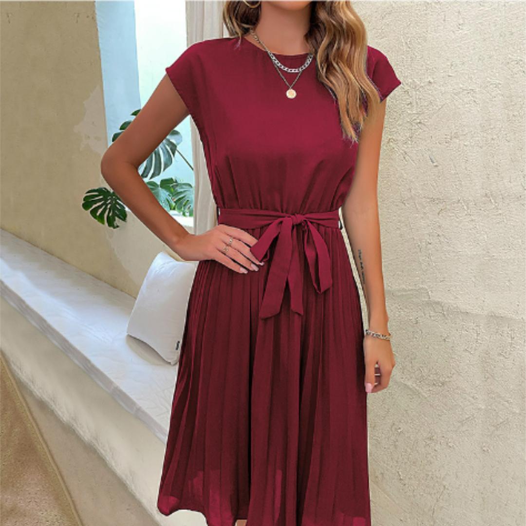 Pleated Midi Dress | Waist Tie Belt | Short Sleeve Elegant Fit