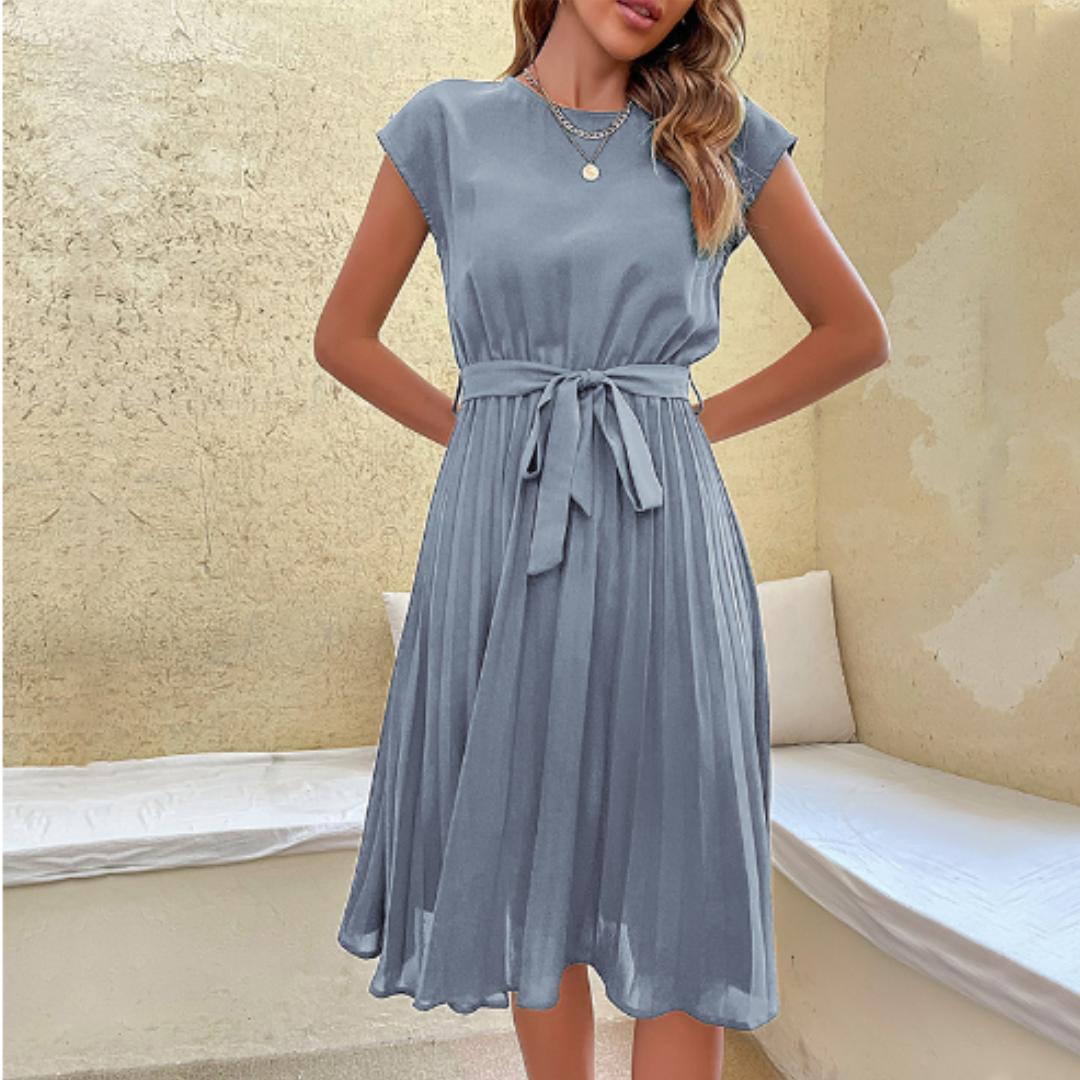 Pleated Midi Dress | Waist Tie Belt | Short Sleeve Elegant Fit