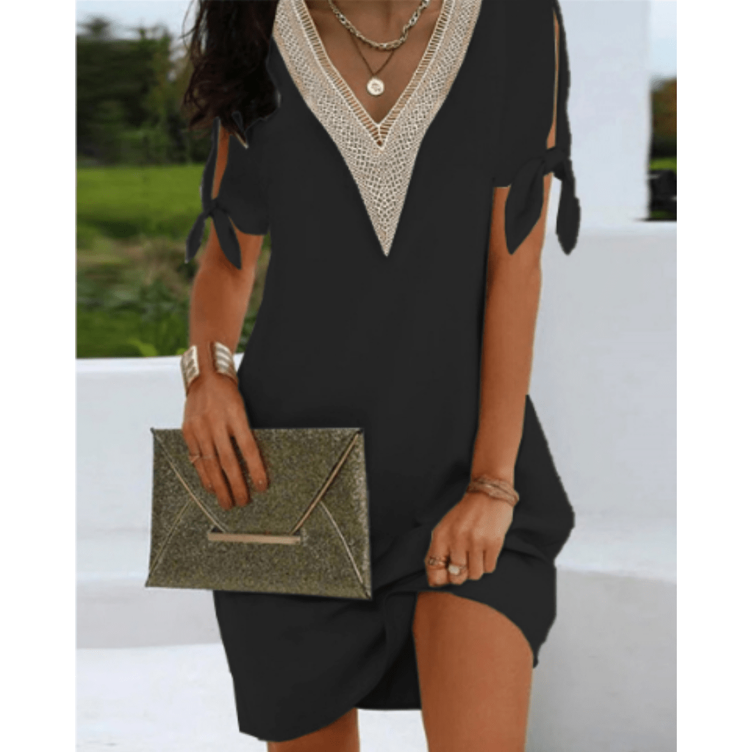 V-Neck Tunic Dress | Lace Trim | Tie Sleeve Detail