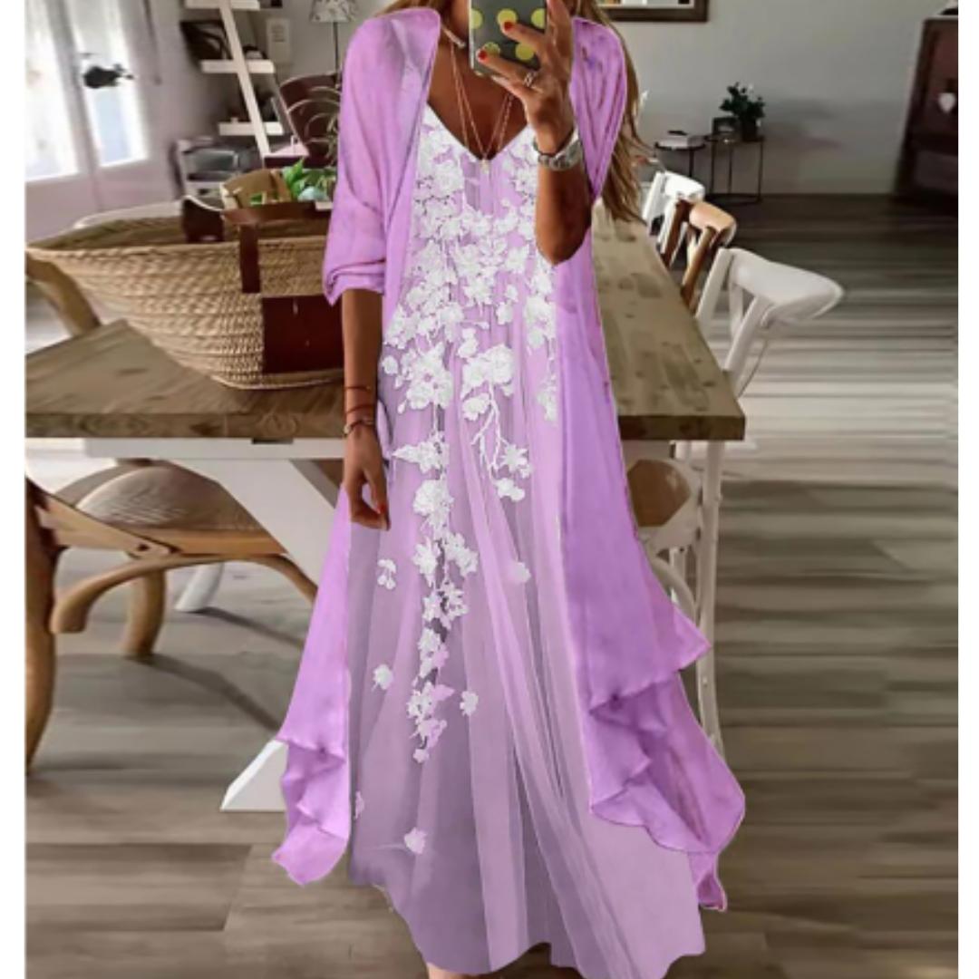 2-Piece Lace Maxi Dress Set | Floral Embroidered Dress & Drape Cardigan | Elegant Summer Layered Look