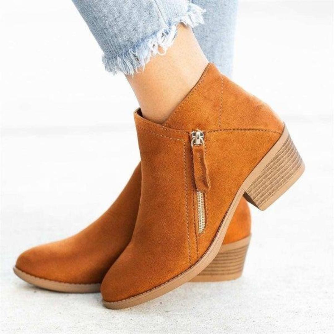 Suede Ankle Booties | Low Block Heel | Side Zip Casual Boots
