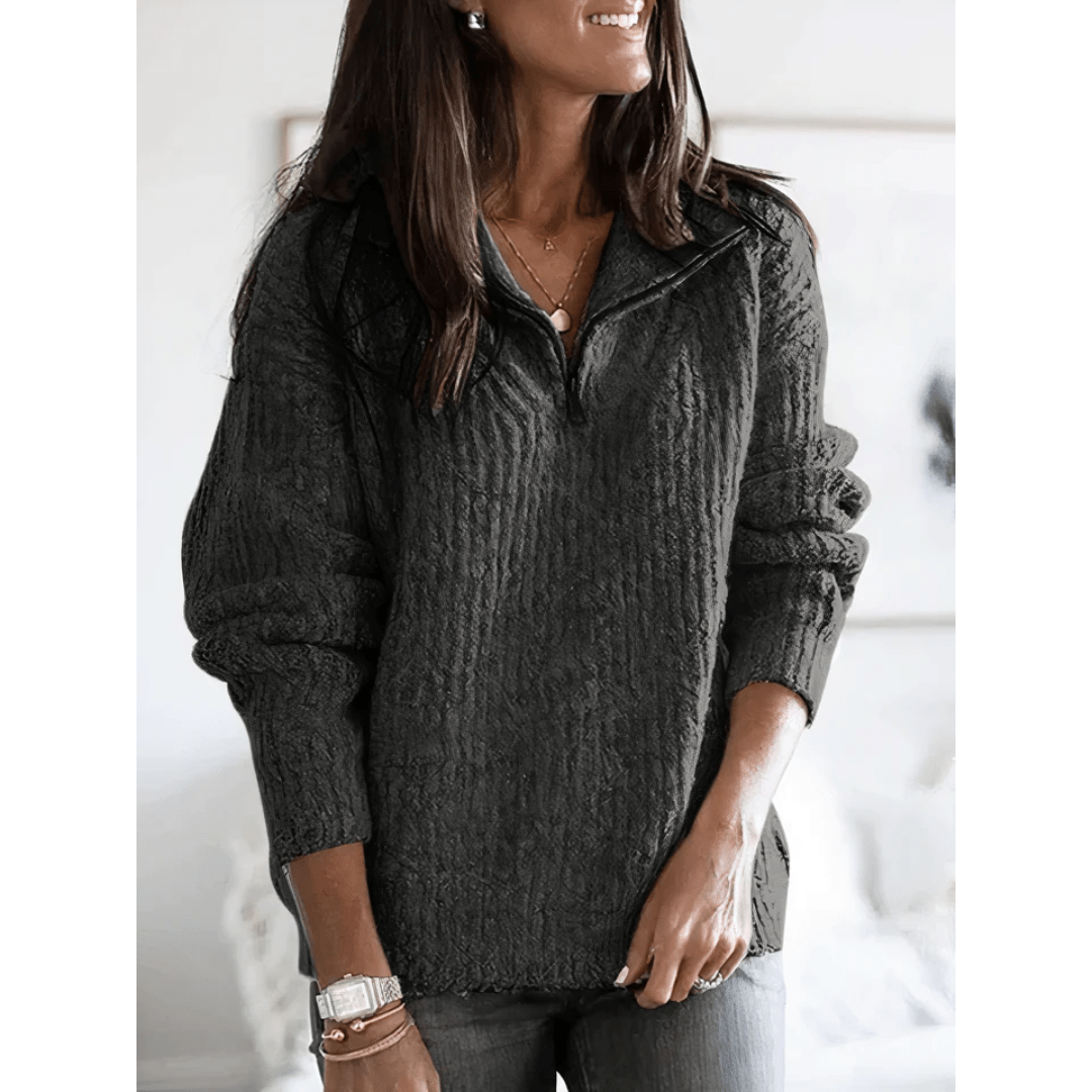 Ribbed Zip Collar Pullover Top | Casual Everyday Knitwear for Women