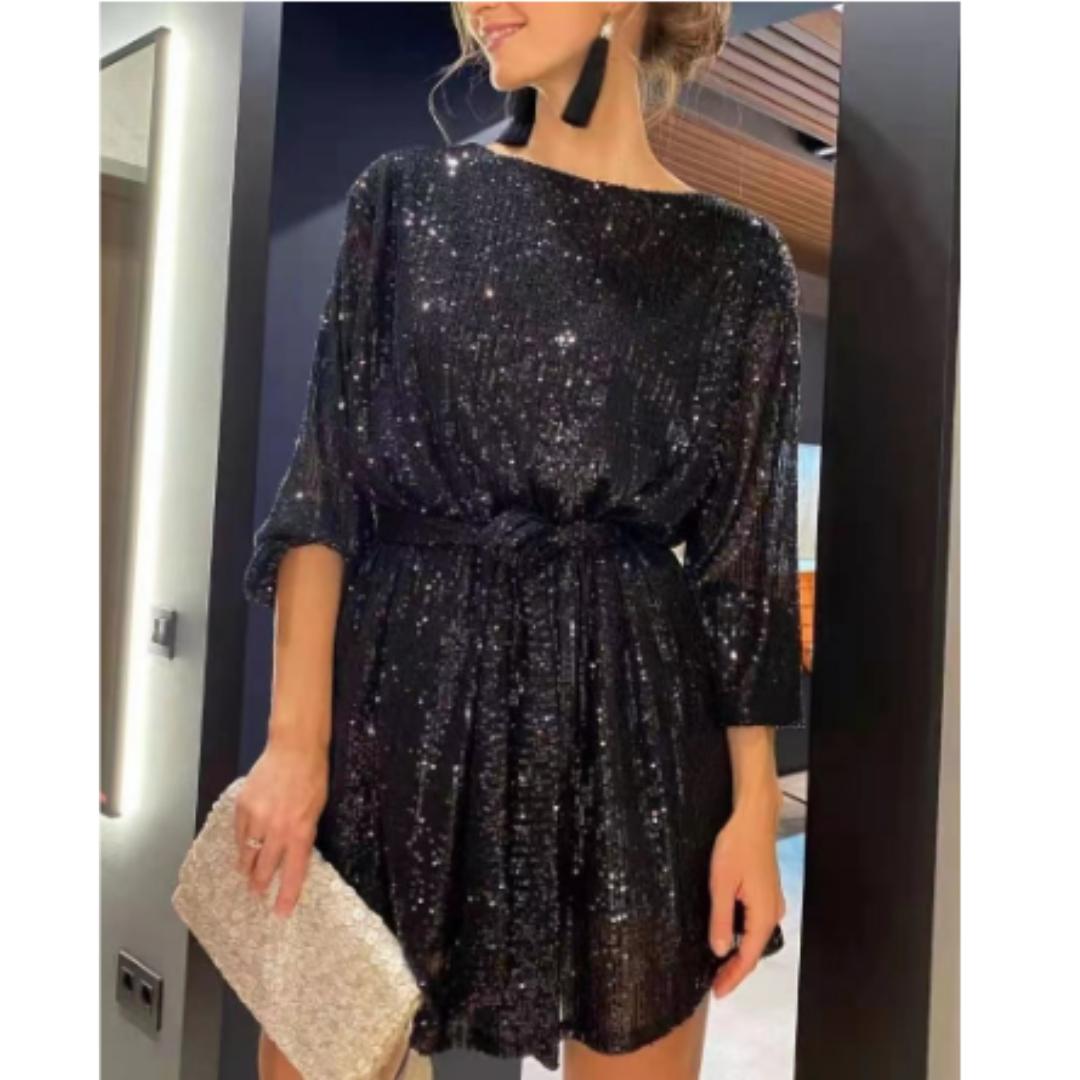 Women’s Metallic Sequin Mini Dress | Long Sleeve Party Dress | Sparkle Fit-and-Flare Night Out Look