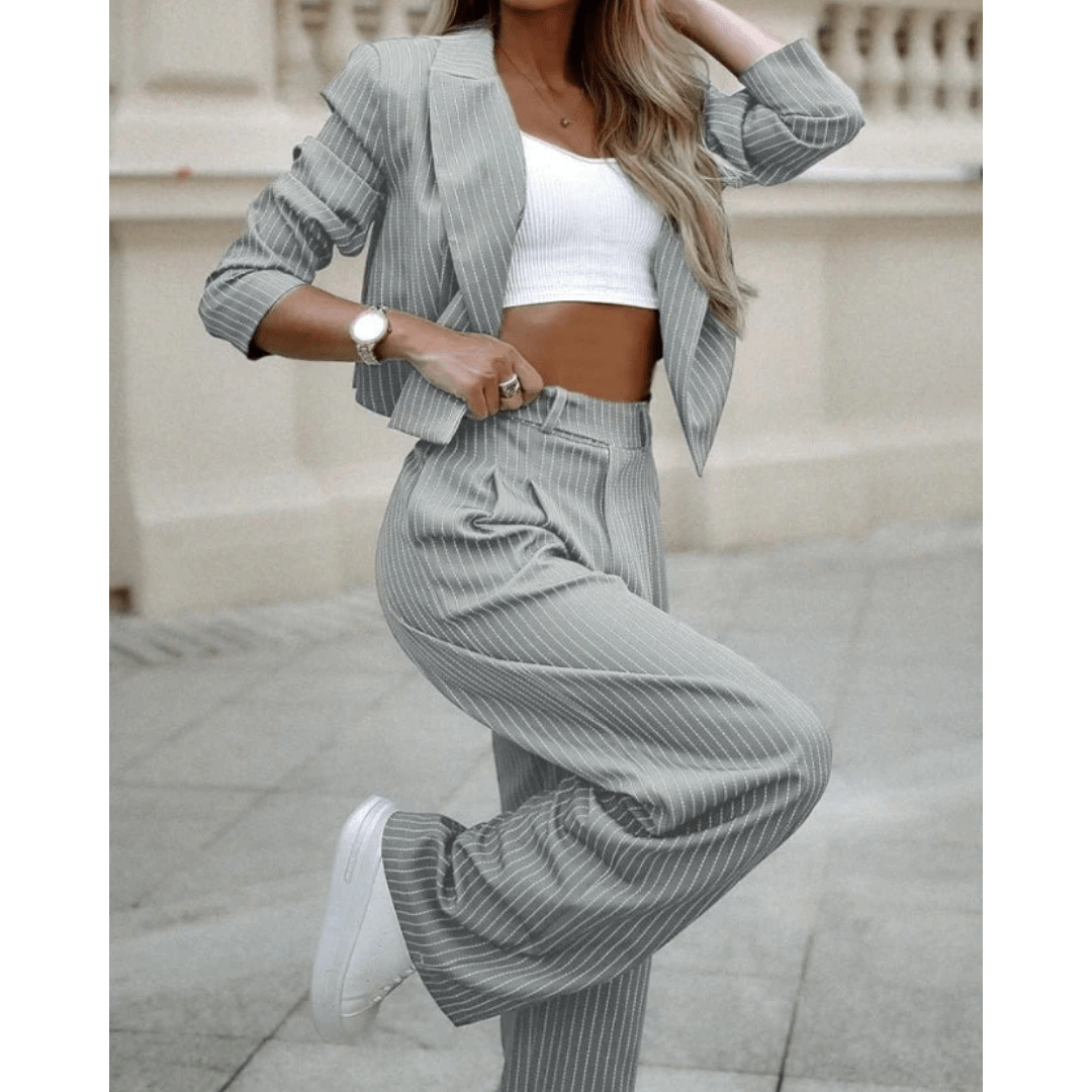 Pinstripe Cropped Blazer & Wide-Leg Pant Set | Power Suit Look | Street Style Ready