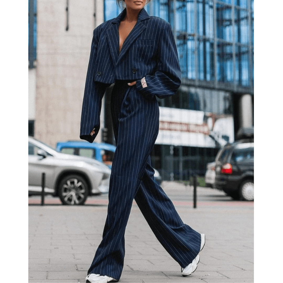 Pinstripe Cropped Blazer & Wide-Leg Pant Set | Power Suit Look | Street Style Ready