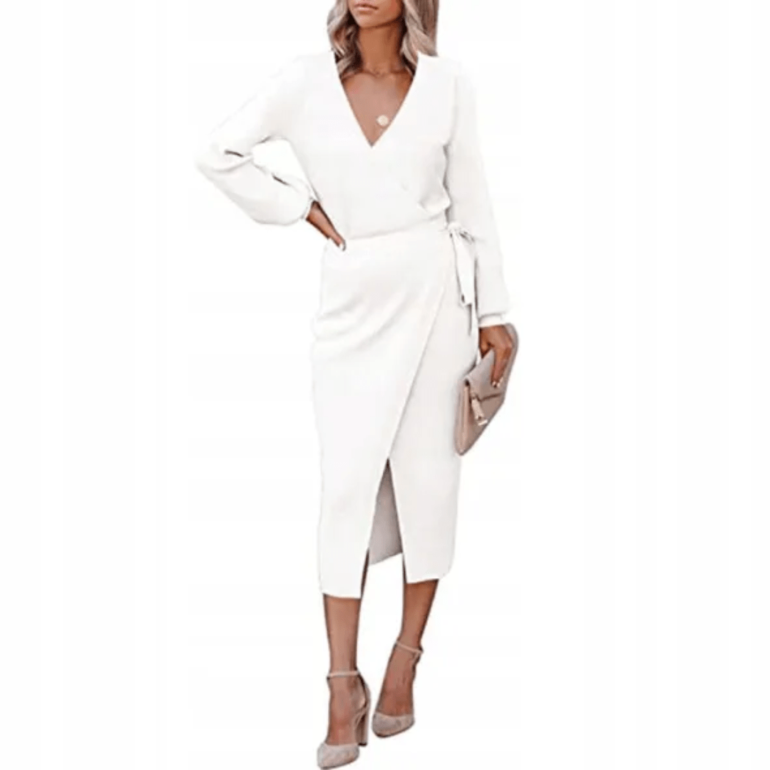 Wrap-Style Midi Dress | Long Sleeve | Elegant Belted Fit