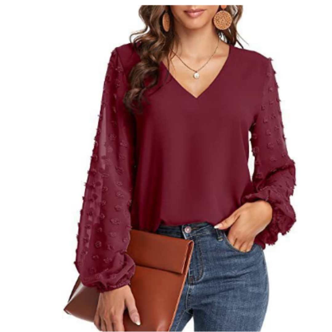 V-Neck Chiffon Blouse | Swiss Dot Sleeves with Ruffle Cuffs | Elegant Fall Top